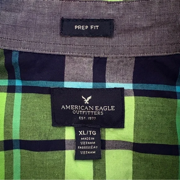 American Eagle Outfitters Prep Fit Green and Blue Plaid Men's Shirt​ - Picture 4 of 11